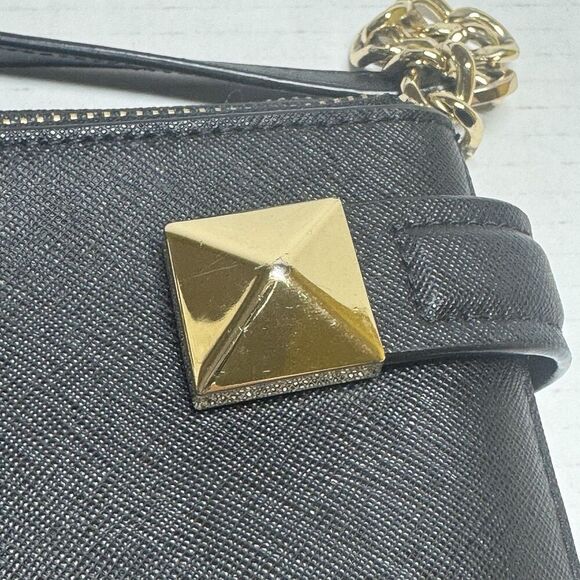 Michael Michael Kors Karla East West Leather Crossbody Bag Black and Gold - Picture 6 of 10